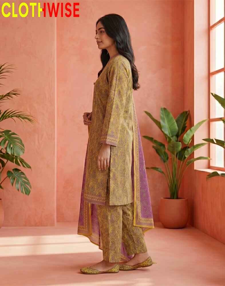 Woman in a traditional outfit standing in a room with pink walls and plants.