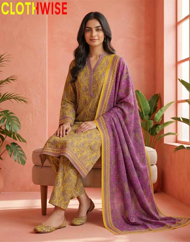 Woman in a traditional outfit with a purple dupatta in a room with pink walls and plants.