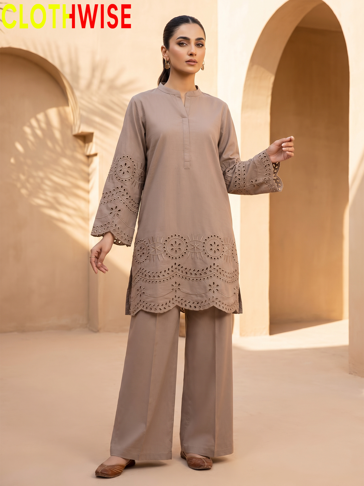 CottonCut Schiffli Embroidered Cotton 2-Piece Suit | Eyelet Kurta with Flapper