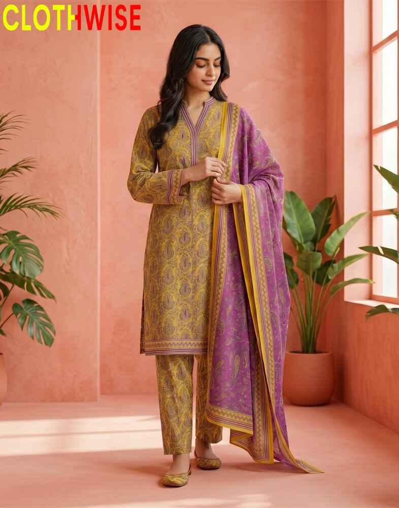 Woman wearing a traditional outfit with a purple dupatta in a room with pink walls and plants.