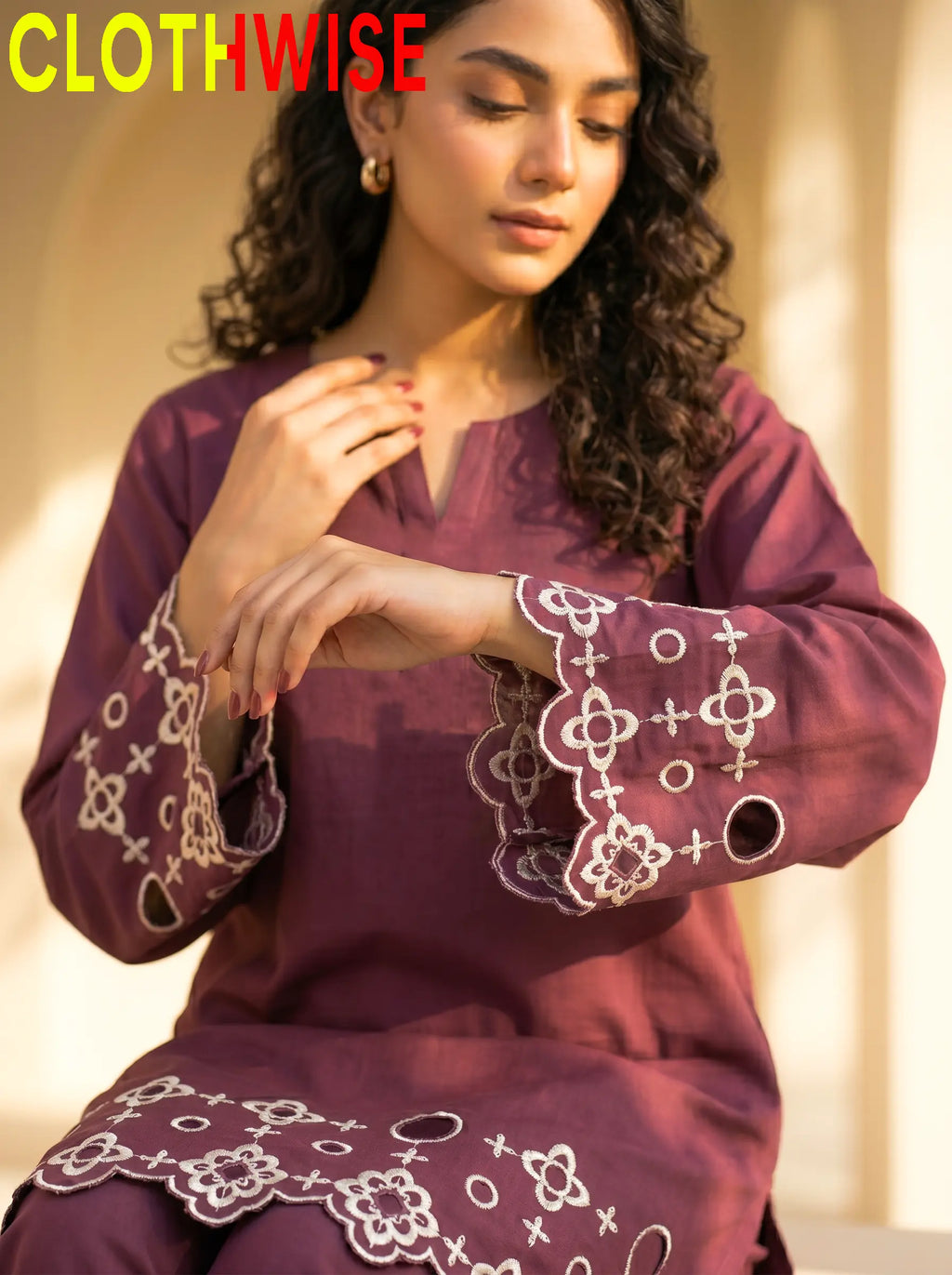 SAYA Burgundy - Chikankari Embroidery and Cutwork Close Up Detail