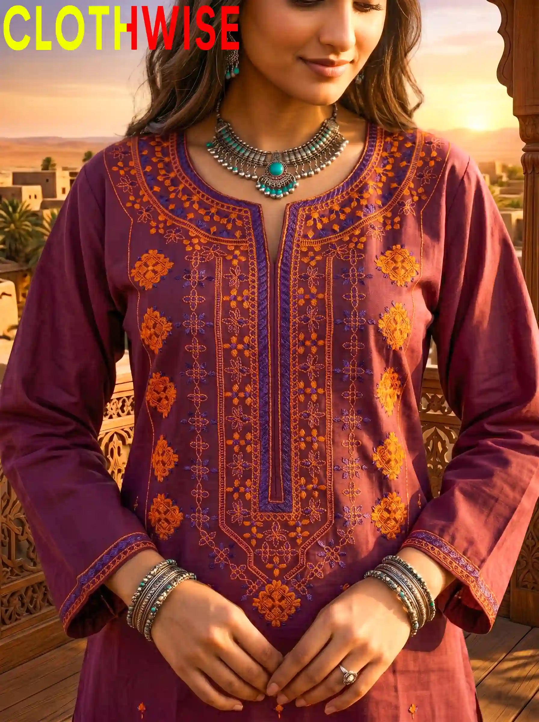 Dasht – Embroidered Top & Printed Flapper Cotton 2-Piece Suit | Burgundy - Pakistani Women Pret | CLOTHWISE