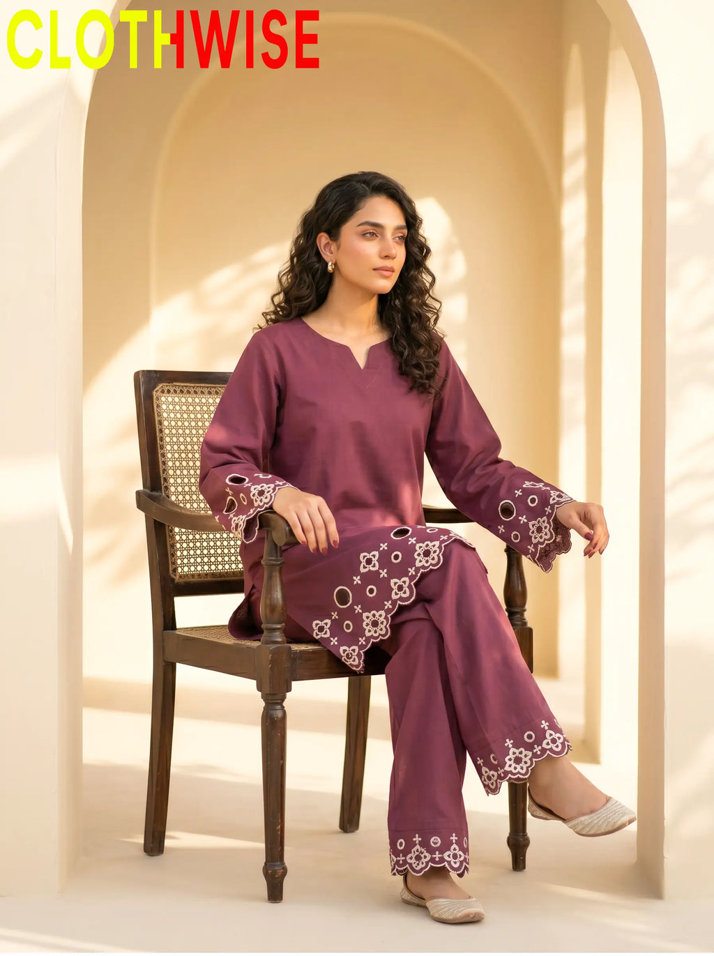 SAYA Burgundy Chikankari Co-Ord Set - Sitting Pose Full View