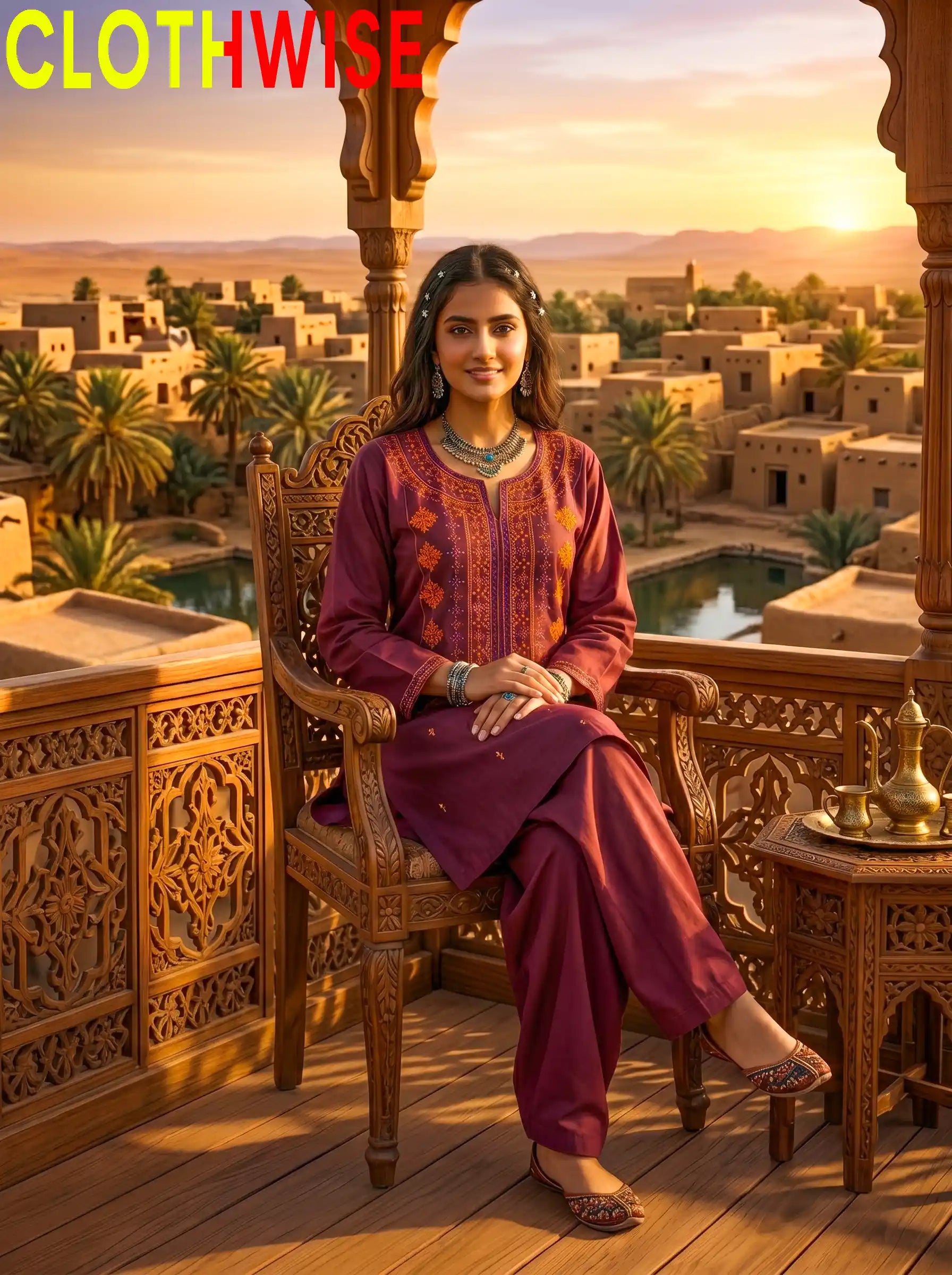 Dasht – Embroidered Top & Printed Flapper Cotton 2-Piece Suit | Burgundy - Pakistani Women Pret | CLOTHWISE
