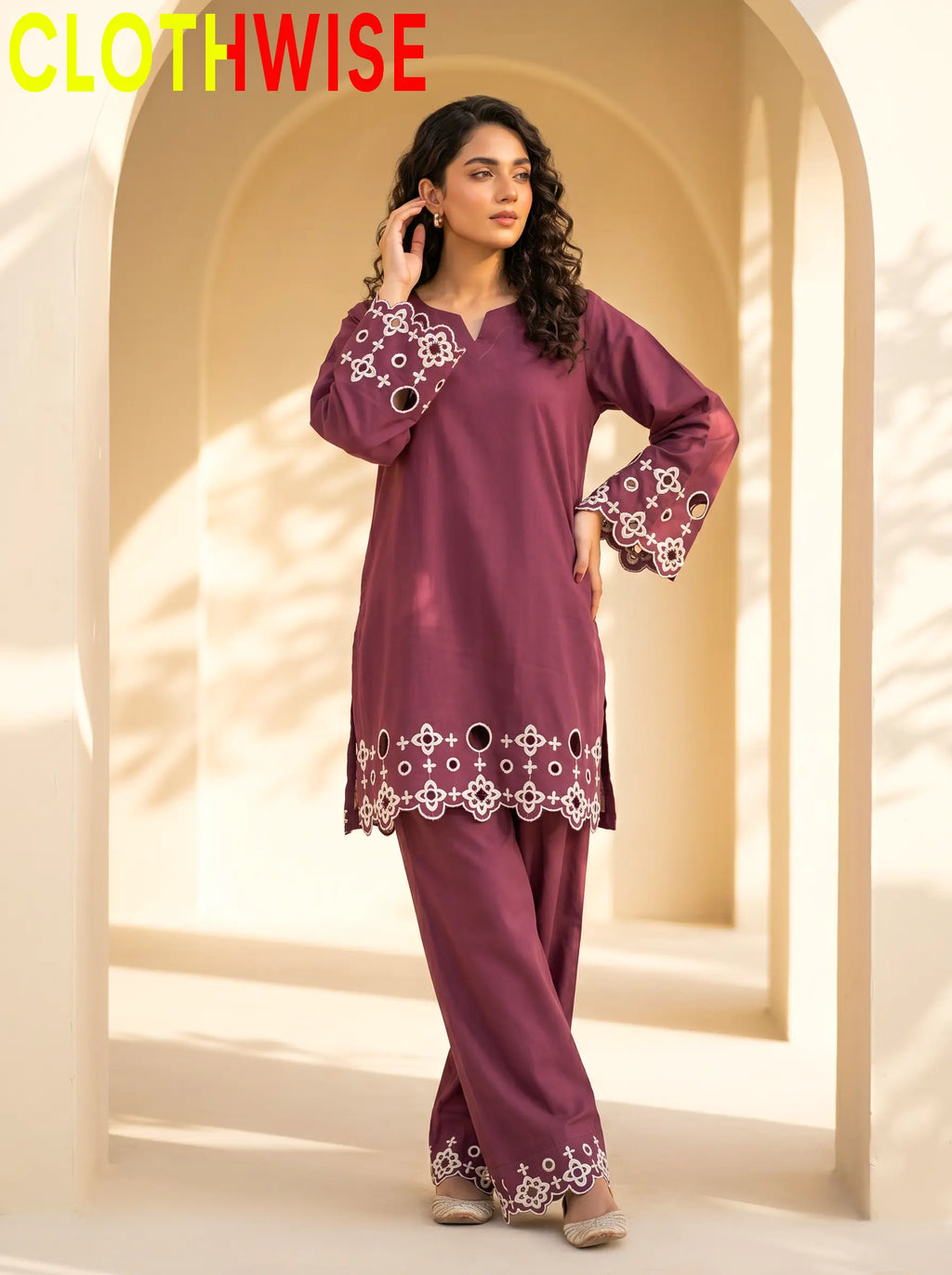 SAYA Burgundy Chikankari 2-Piece Co-Ord Set - Standing View