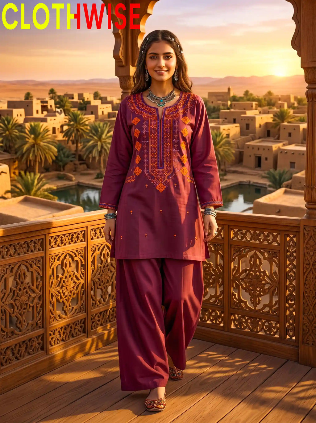Dasht Burgundy 2-Piece Embroidered Cotton Suit Standing View – Clothwise