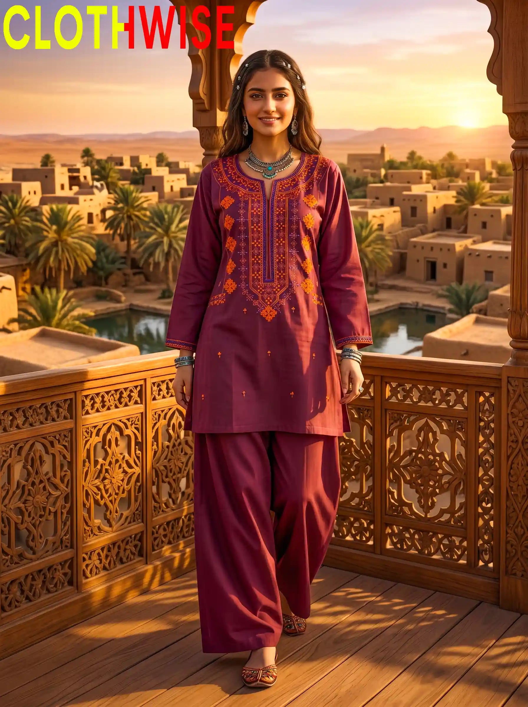 Dasht – Embroidered Top & Printed Flapper Cotton 2-Piece Suit | Burgundy - Pakistani Women Pret | CLOTHWISE