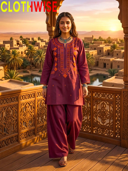 Dasht – Embroidered Top & Printed Flapper Cotton 2-Piece Suit | Burgundy - Pakistani Women Pret | CLOTHWISE