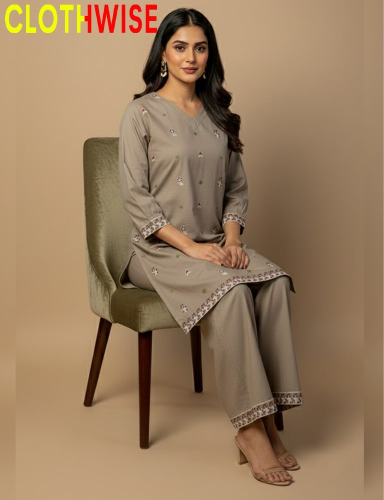 Woman sitting on a chair wearing a gray traditional outfit with 'CLOTHWISE' branding.