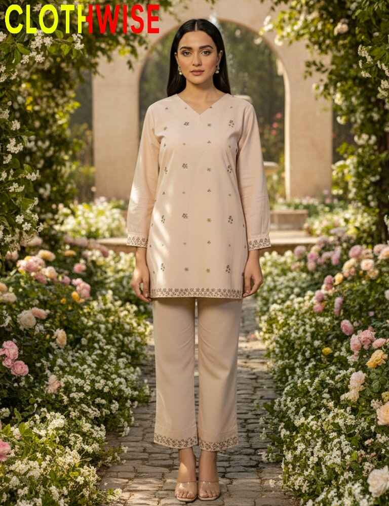 Woman in a beige outfit standing in a garden with 'ClothWise' branding.