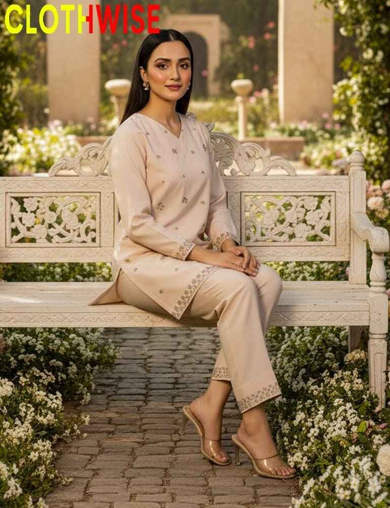Woman in a light pink traditional outfit sitting on a decorative bench with 'CLOTHWISE' branding.