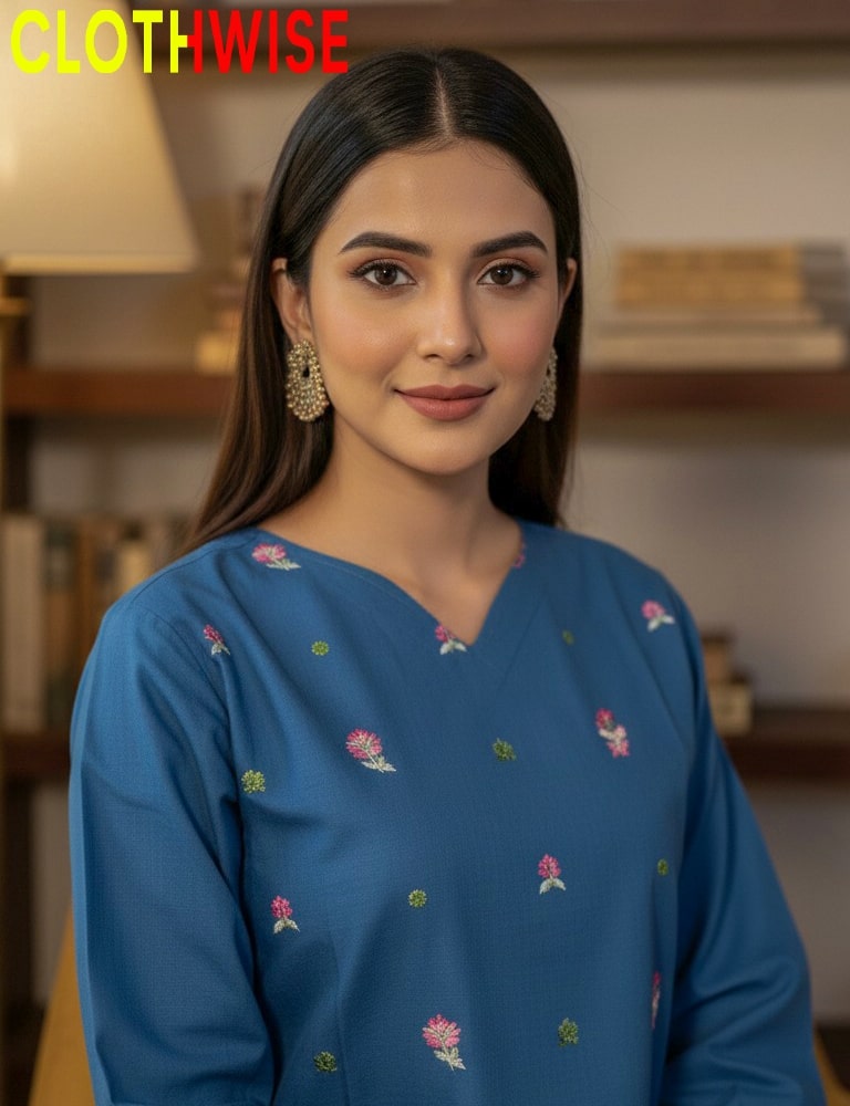 Woman wearing a blue embroidered top with a blurred indoor background, featuring the brand 'Clothwise'.