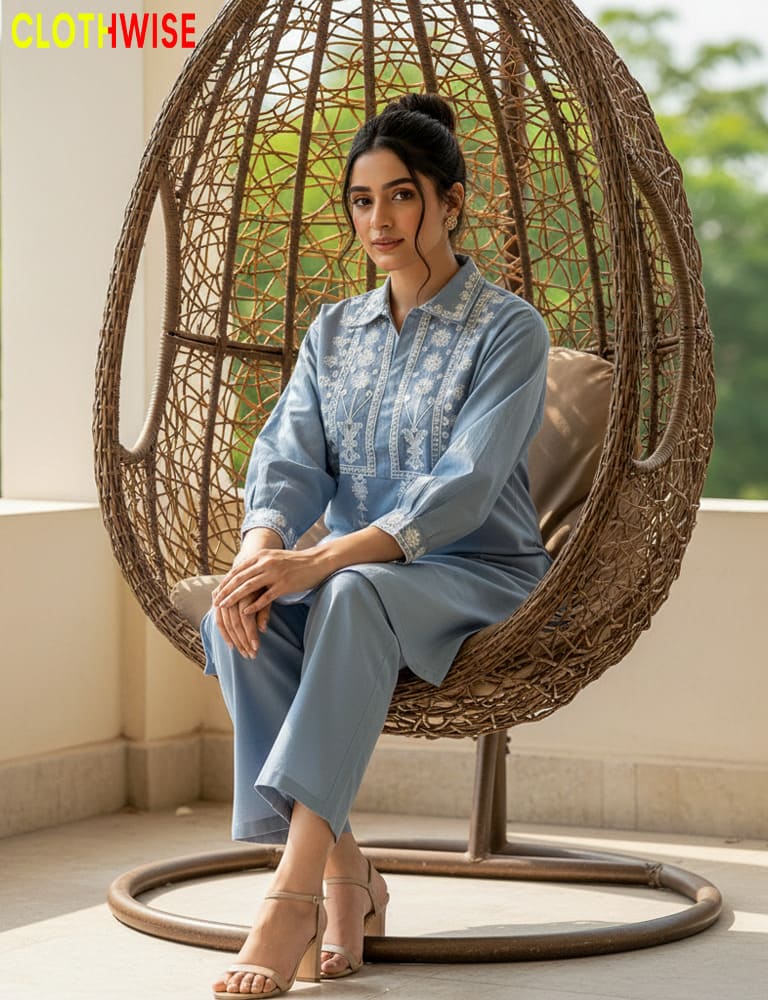 Woman sitting in a wicker chair wearing a blue outfit with 'Clothwise' branding.