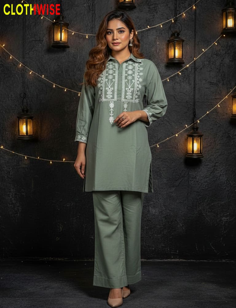 Reet | Embroidered Cotton palace Green Co-ord Set by CLOTHWISE