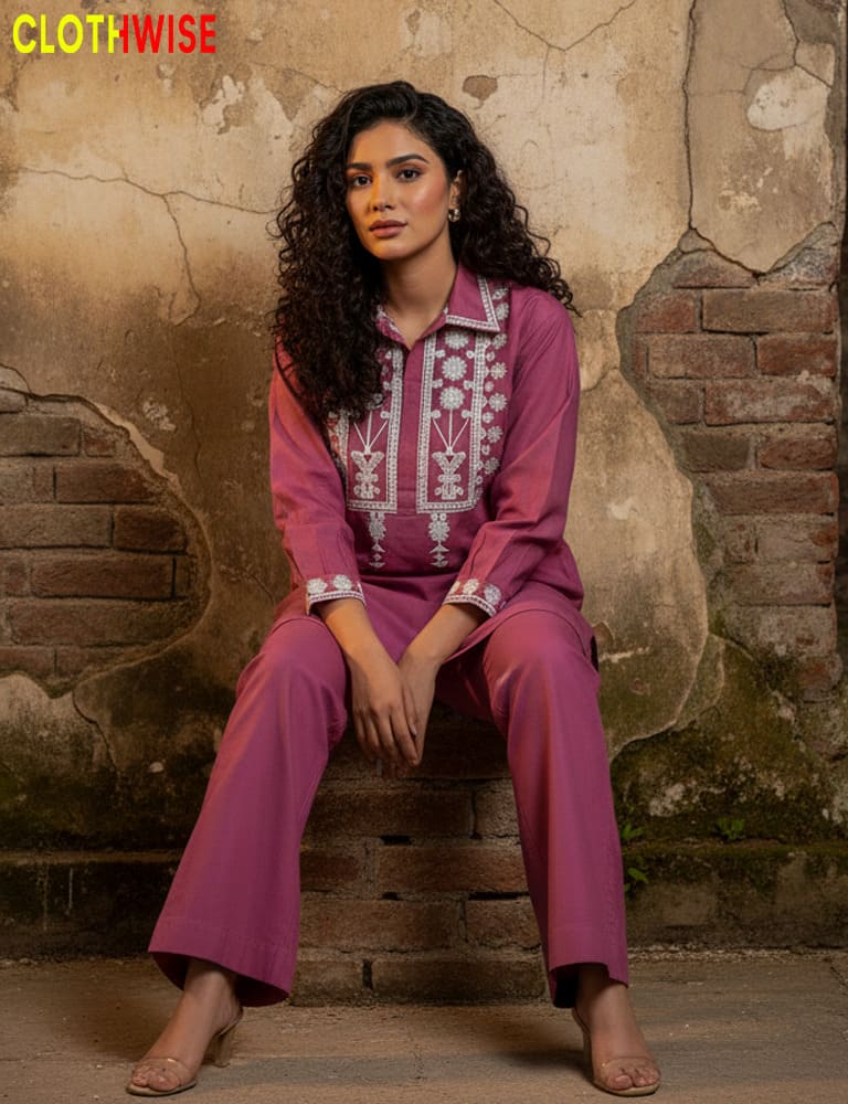 Woman in a pink traditional outfit sitting against a textured wall with 'CLOTHWISE' branding.