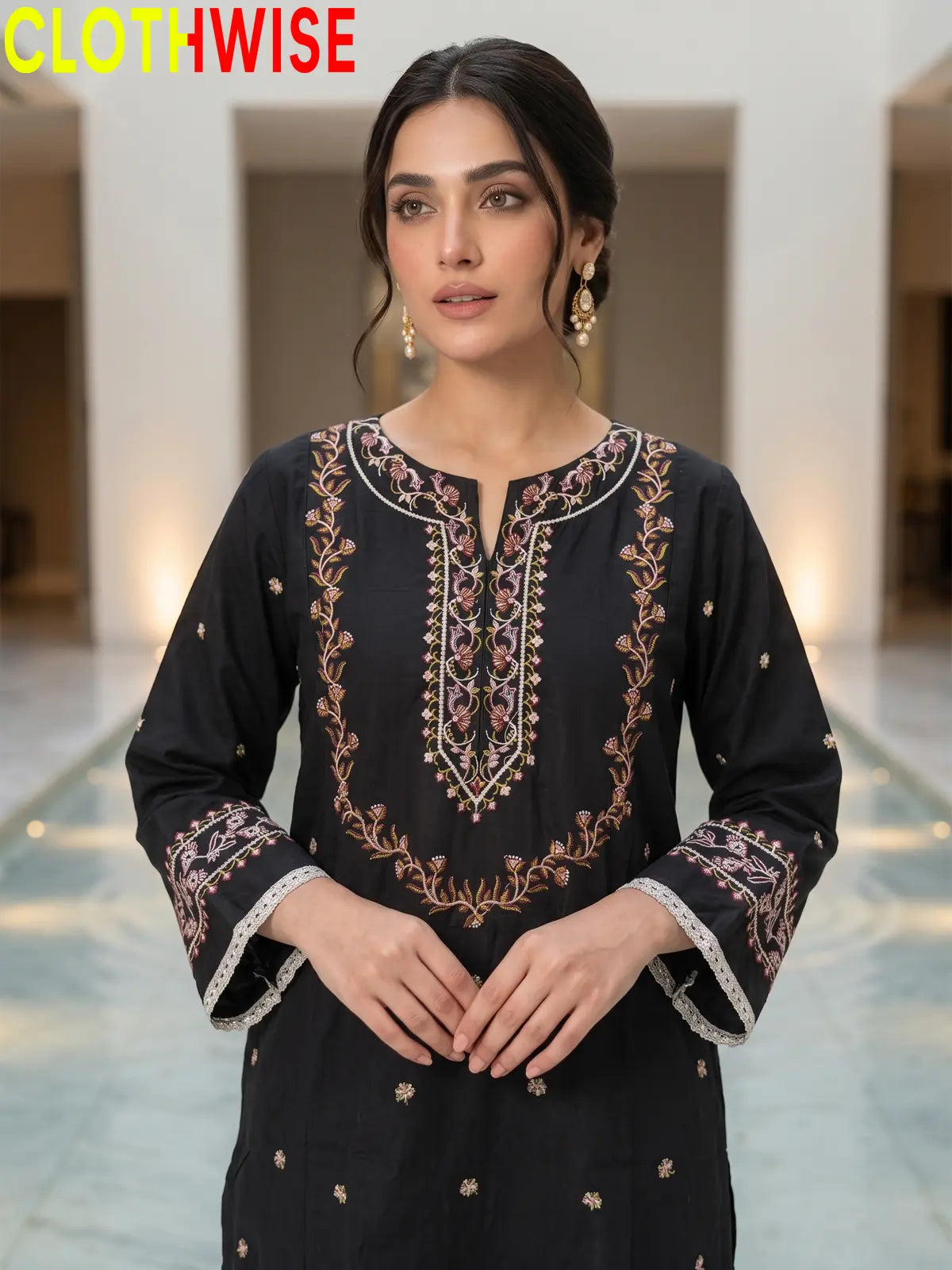 Noor Charcoal Embroidered Cotton Suit - Embroidery Closeup