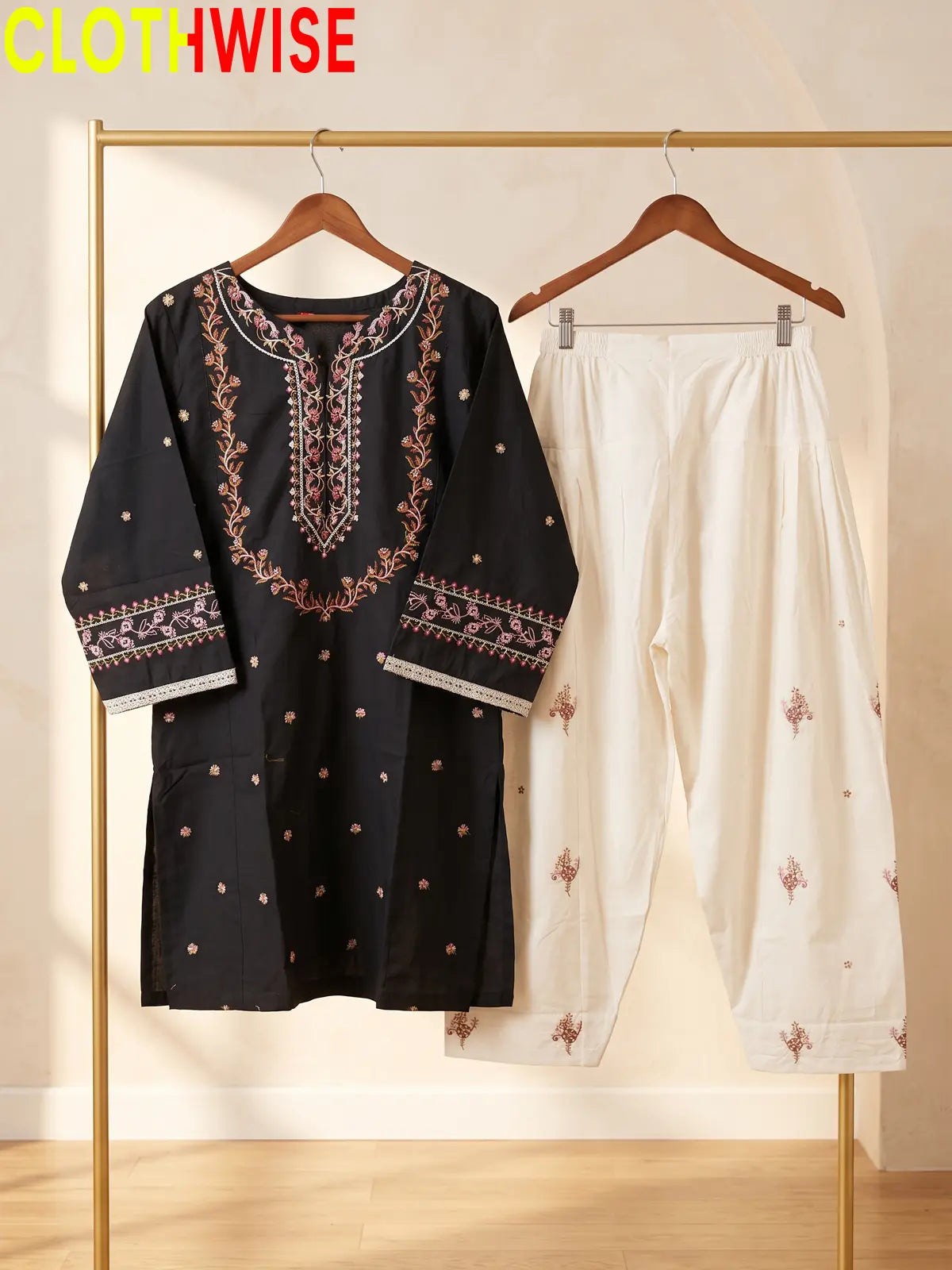 Noor Charcoal Embroidered Cotton Suit - Hanger View