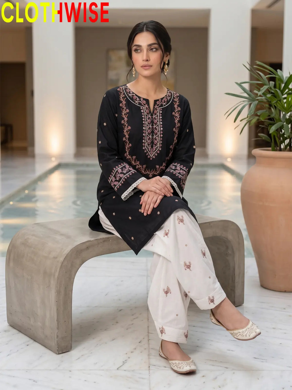 Noor Charcoal Embroidered Cotton Suit - Sitting View