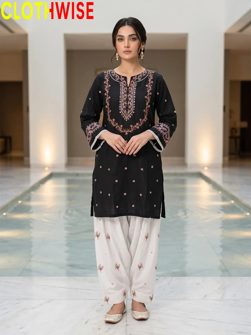 Noor Charcoal Embroidered Cotton Suit - Standing View
