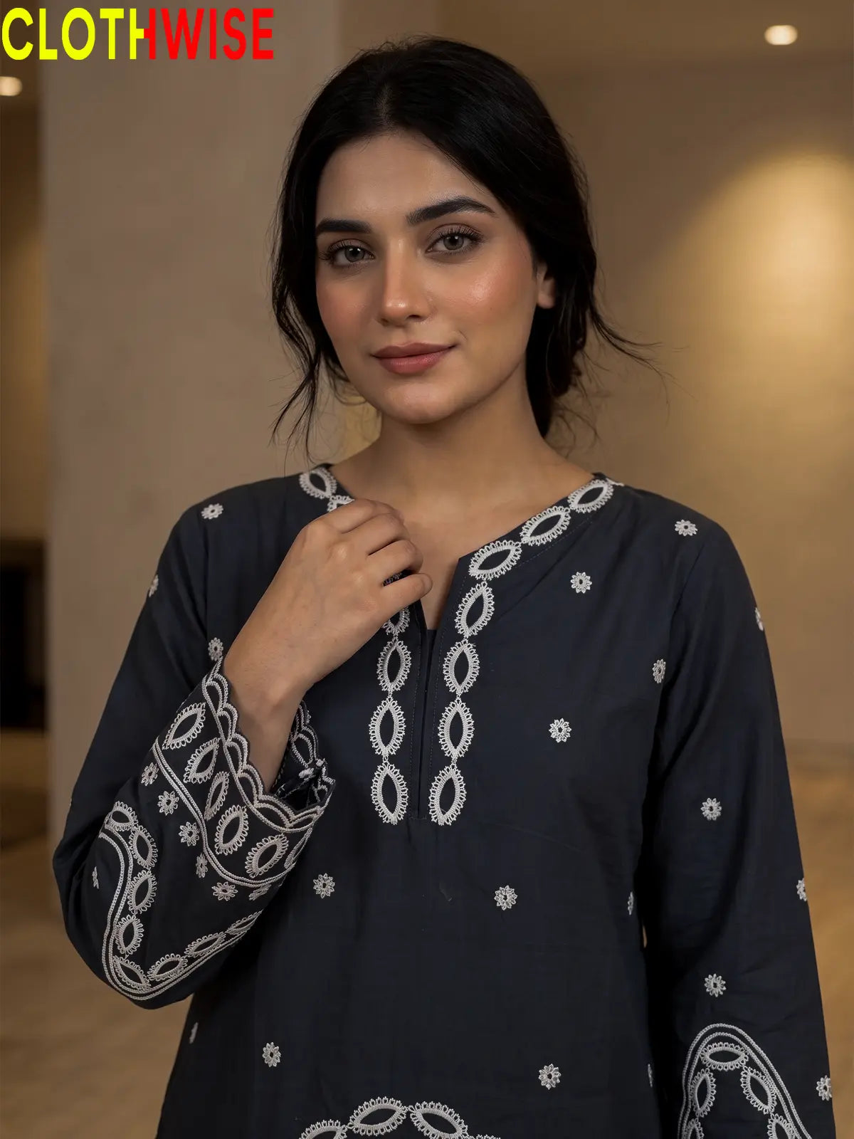 Aarzo embroidered lawn suit charcoal neckline embroidery closeup