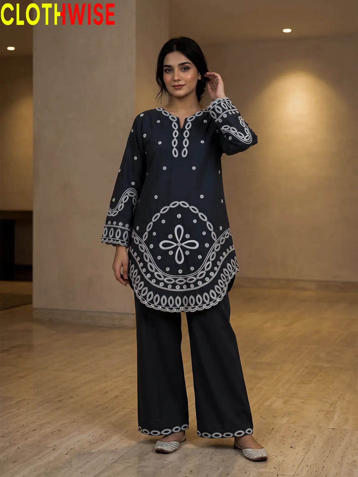 Aarzo embroidered lawn suit charcoal front standing view