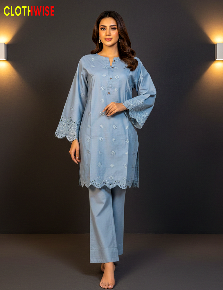 Woman wearing a light blue outfit with lace details on a dark background, branded 'Clothwise'.