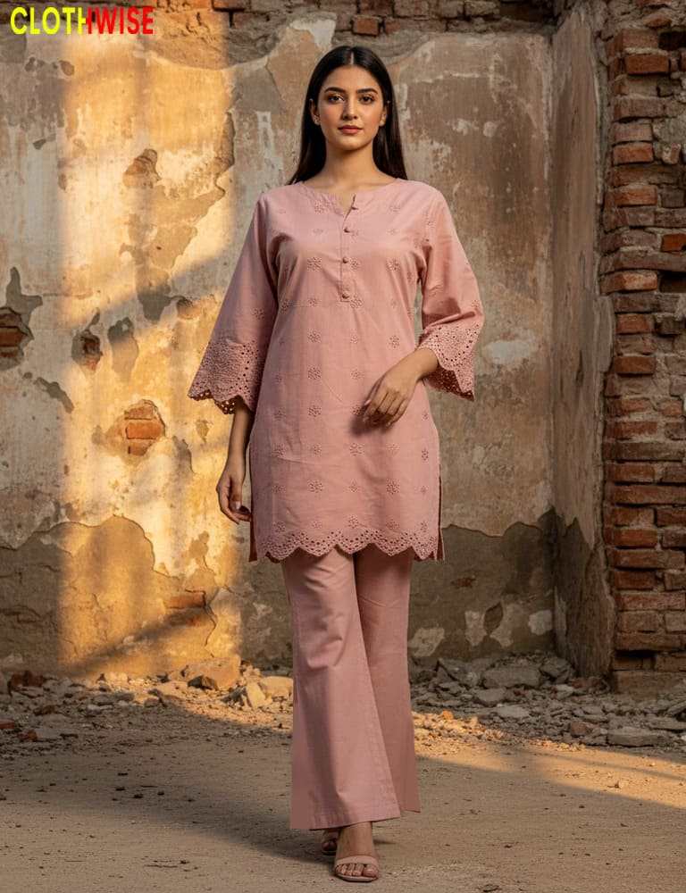 Tabeer – Chikankari Cotton Embroidered Meat Pink Co-Ord Set