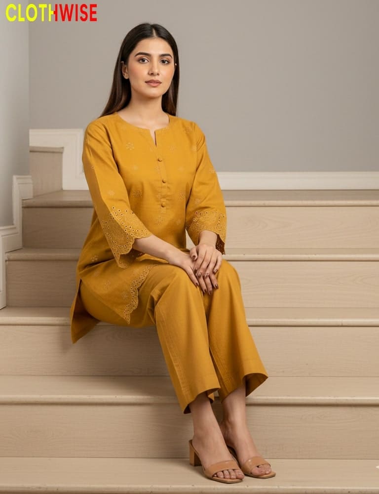 Woman in a mustard yellow outfit sitting on stairs with 'CLOTHWISE' branding.