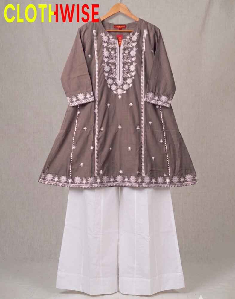 Brown embroidered kurta with white pants on a hanger against a gray background, branded 'CLOTHWISE'.