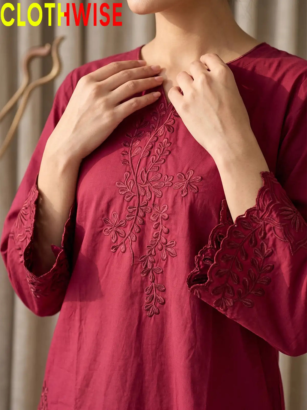 Gulkari Crimson Maroon 2-Piece Embroidered Suit - close-up embroidery and scallop cutwork detail