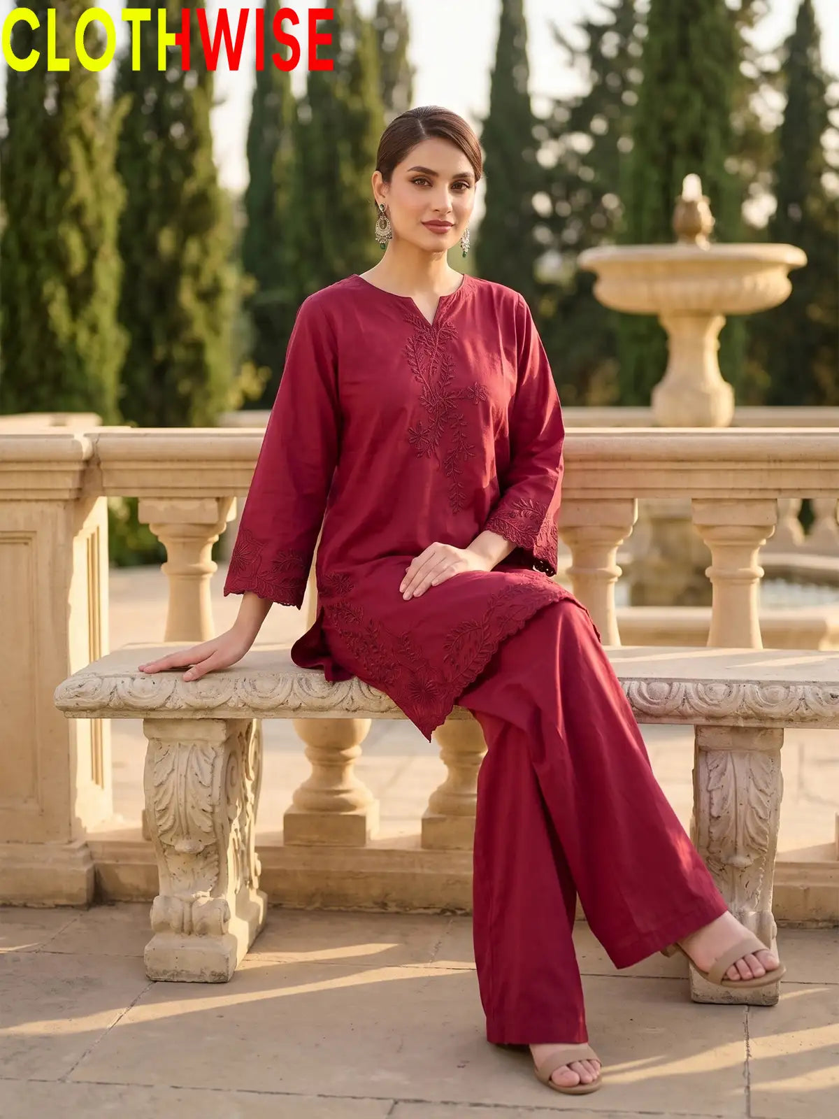 Gulkari Crimson Maroon 2-Piece Embroidered Suit - sitting view