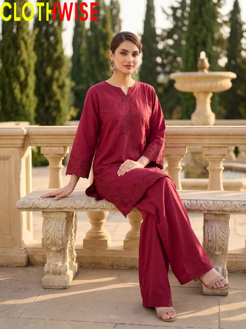 Gulkari Crimson Maroon 2-Piece Embroidered Suit - sitting view