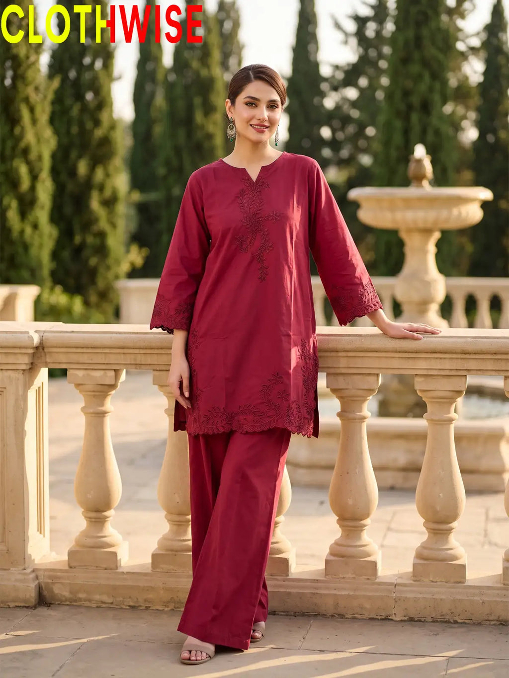 Gulkari Crimson Maroon 2-Piece Embroidered Suit - standing view