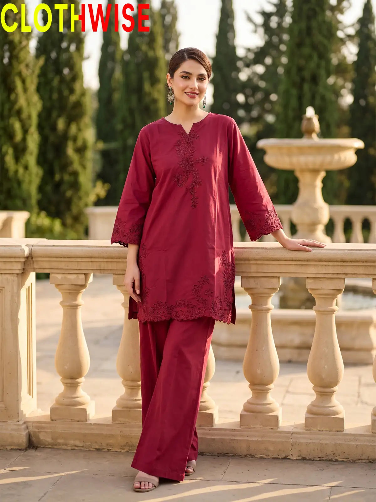 Gulkari Crimson Maroon 2-Piece Embroidered Suit - standing view