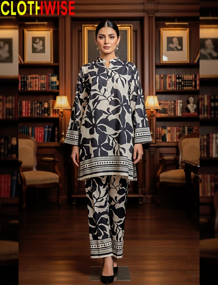 Woman in a black and white patterned outfit standing in a library setting with 'CLOTHWISE' branding.