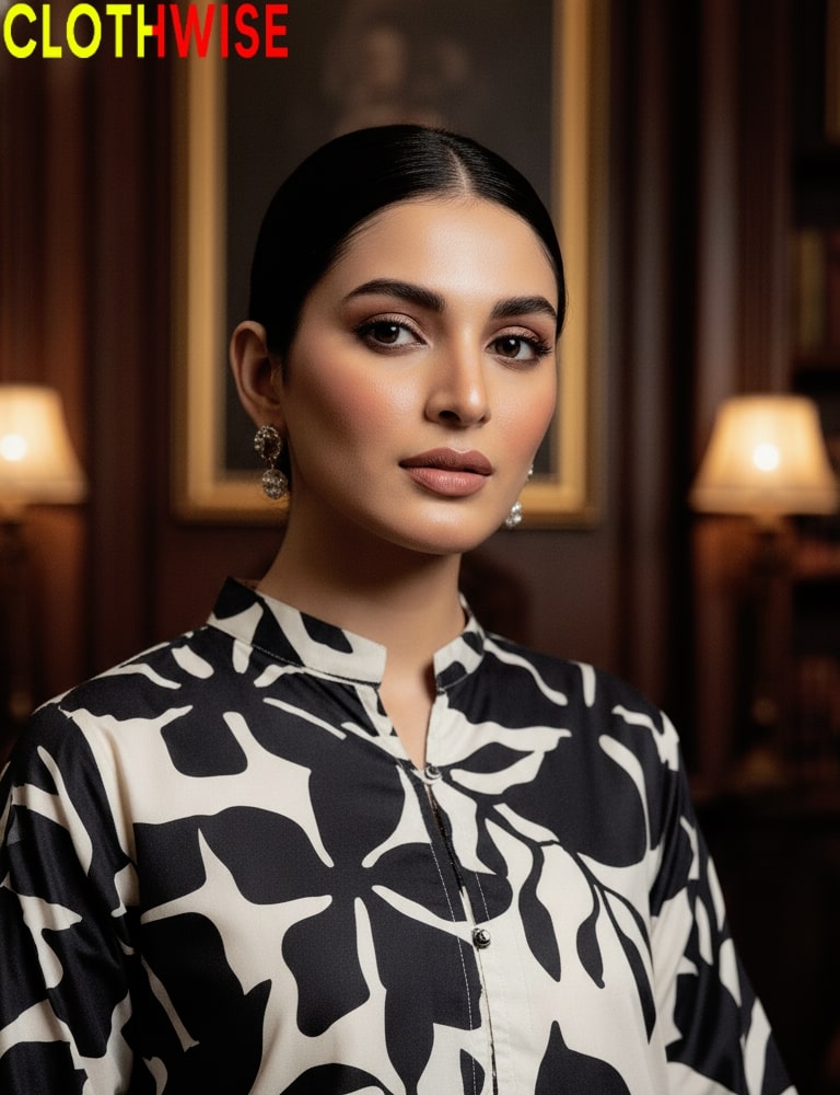 Woman wearing a black and white patterned outfit with 'CLOTHWISE' branding.