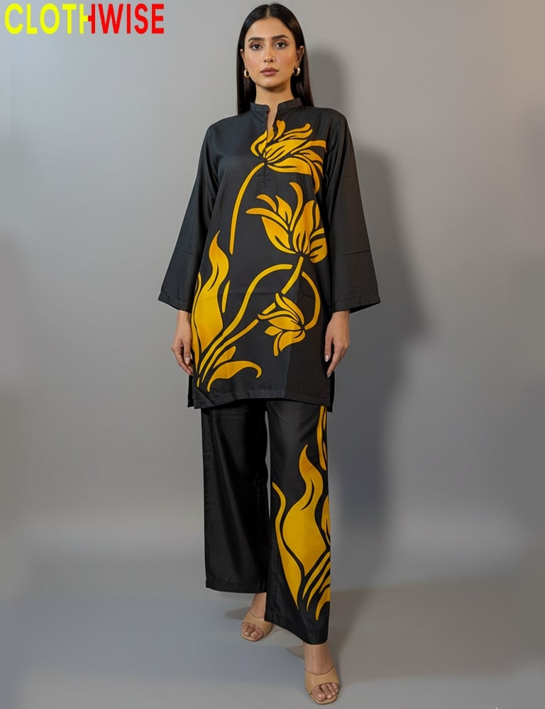 Woman wearing a black outfit with yellow floral patterns on a gray background, branded 'Clothwise'.