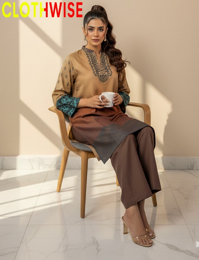 Woman in a brown outfit sitting on a chair holding a cup, with 'ClothWise' branding.
