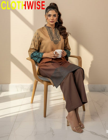 Woman in a brown outfit sitting on a chair holding a cup, with 'ClothWise' branding.