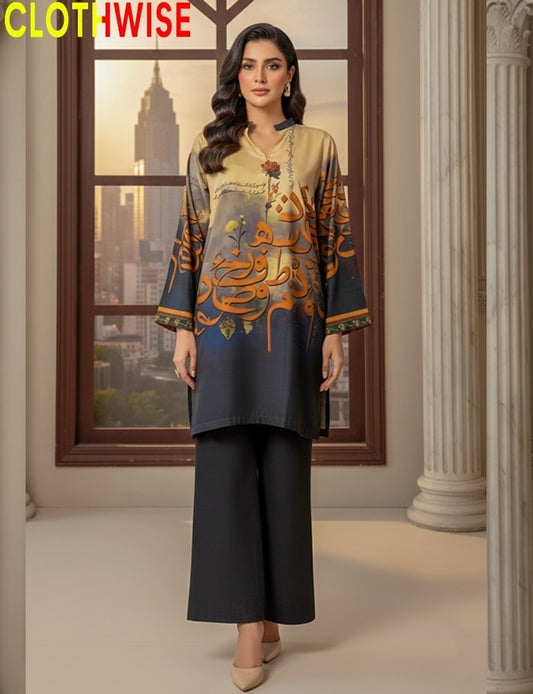 Woman wearing a stylish outfit with intricate designs in front of a window with a cityscape view.