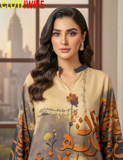 Woman wearing a patterned outfit with 'CLOTHWISE' branding.