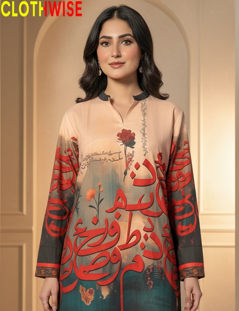 Woman wearing a decorated traditional outfit with Arabic text and floral patterns, branded 'CLOTHWISE'.