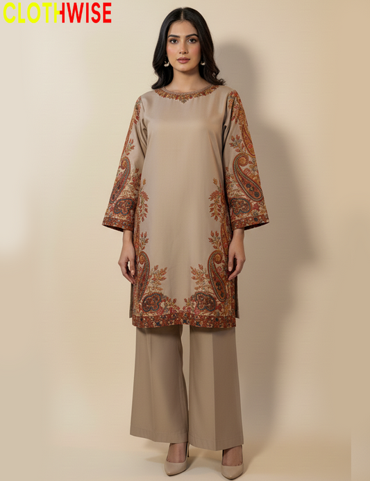 Woman wearing a beige outfit with floral embroidery, standing against a plain background with 'CLOTHWISE' branding.