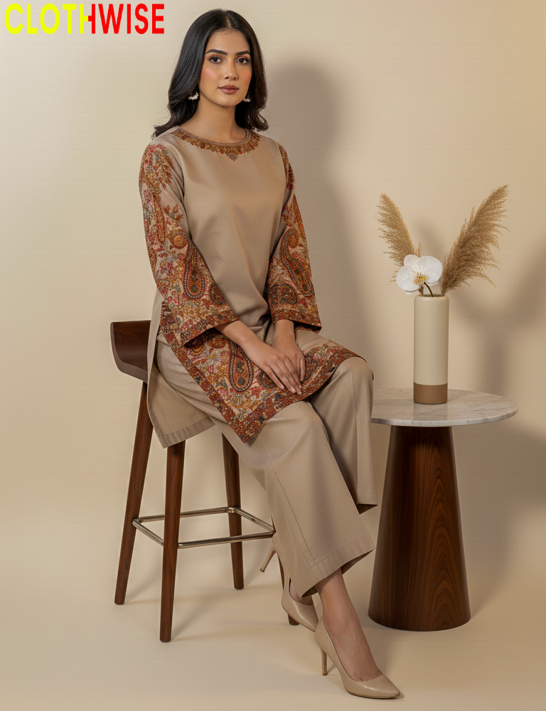 Woman sitting on a stool wearing a beige and patterned outfit with 'CLOTHWISE' branding.