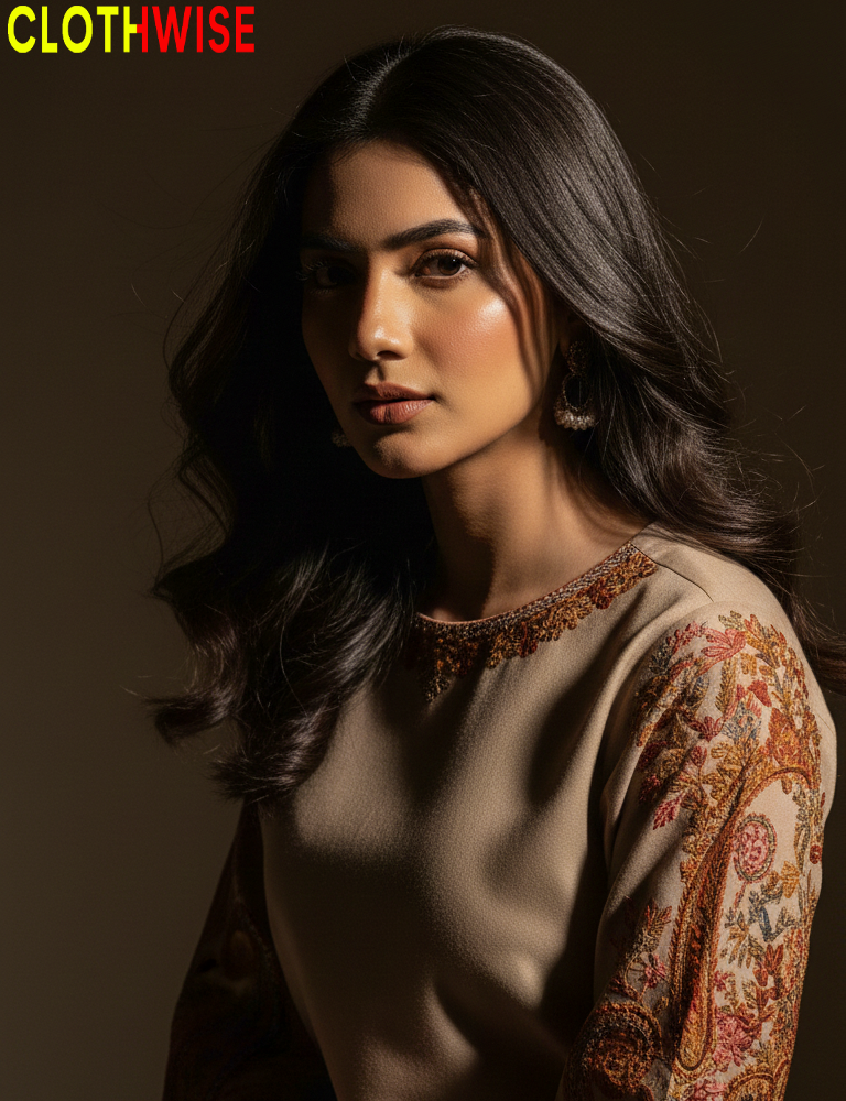 Woman wearing a traditional outfit with intricate patterns, branded 'CLOTHWISE'.