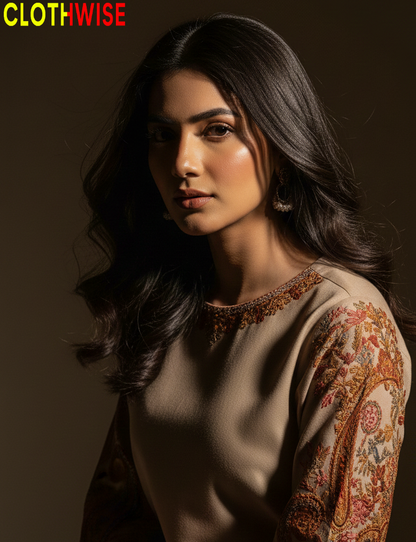 Woman wearing a traditional outfit with intricate patterns, branded 'CLOTHWISE'.