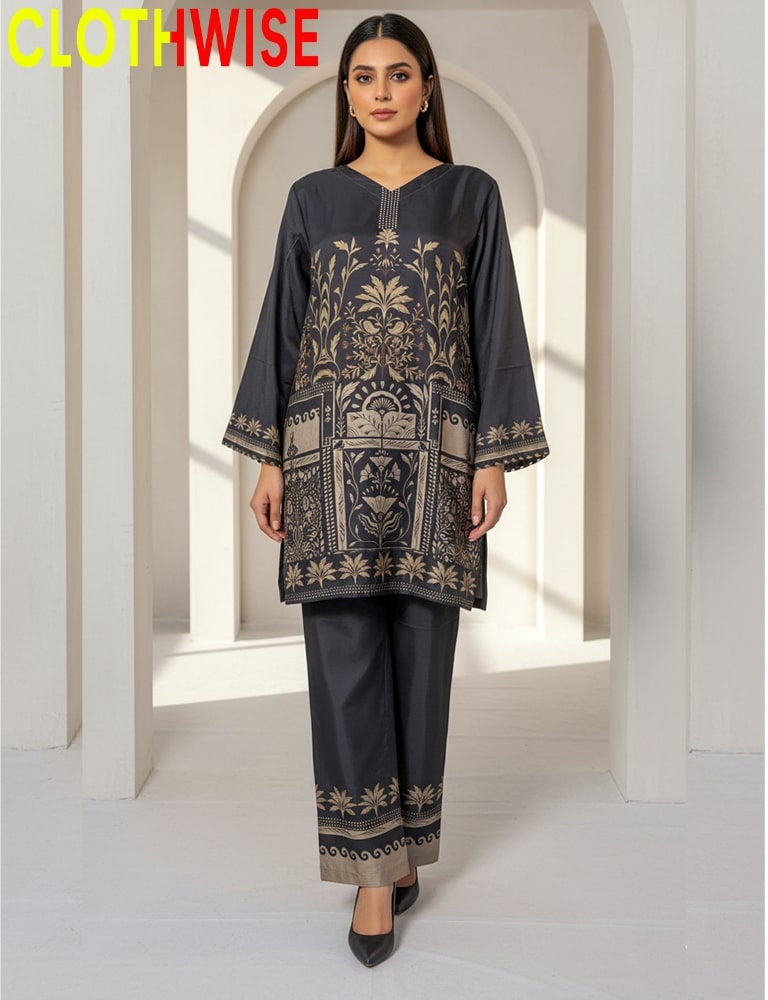 Woman wearing a dark gray traditional outfit with gold patterns in a bright setting, branded 'CLOTHWISE'.