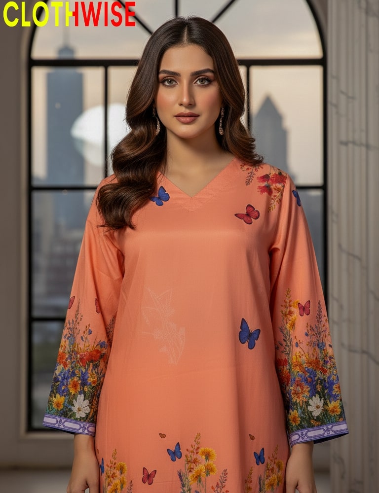 Woman wearing a peach-colored dress with floral and butterfly patterns, standing indoors.