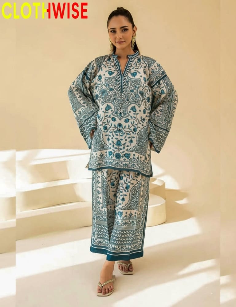 Woman wearing a patterned outfit with 'CLOTHWISE' branding on a light background