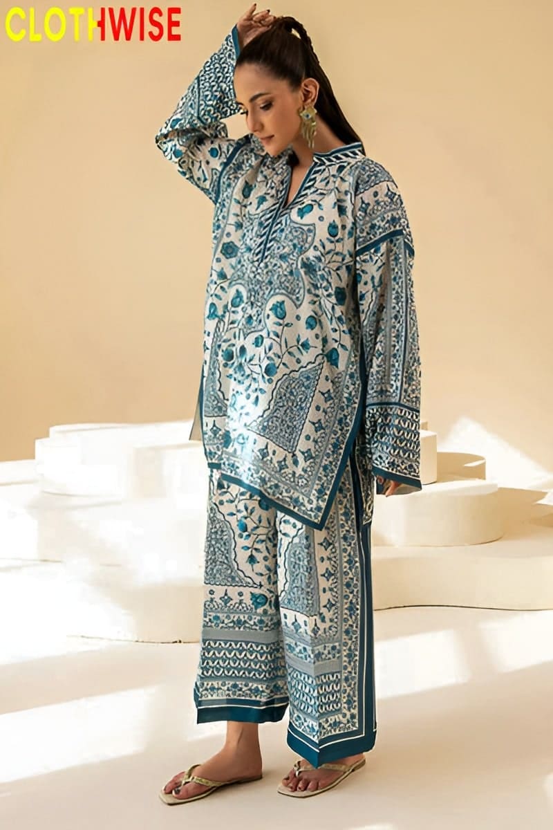 Woman wearing a patterned outfit with 'Clothwise' branding on a beige background